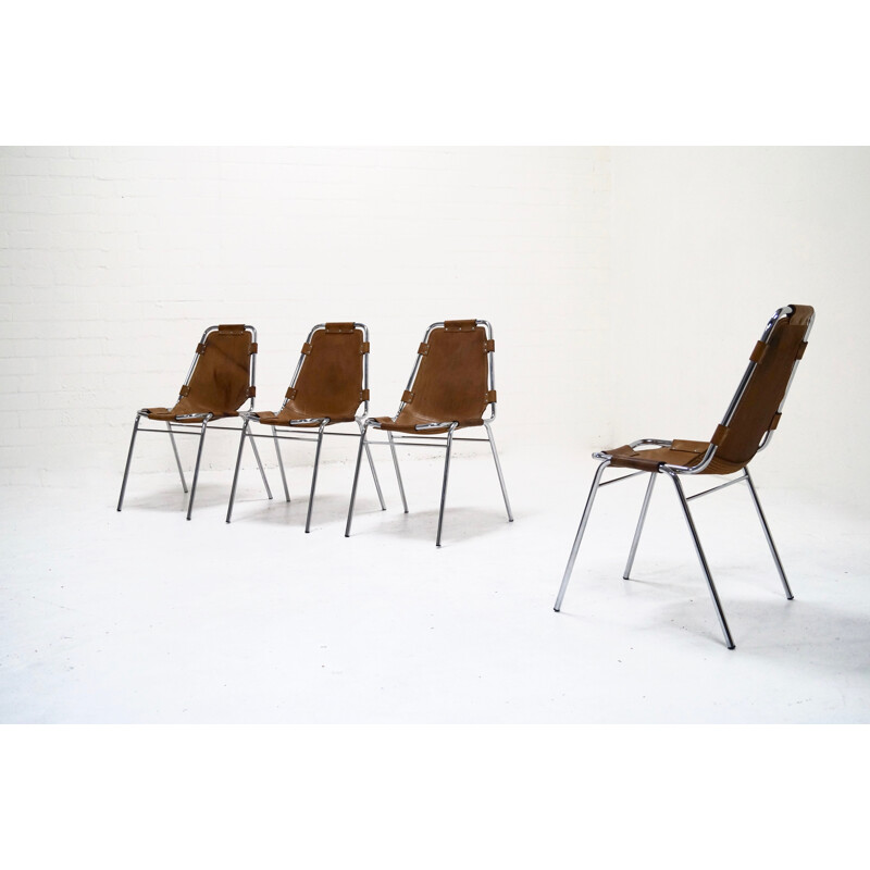 Set of 4 Les Arcs chairs in cognac leather - 1960s