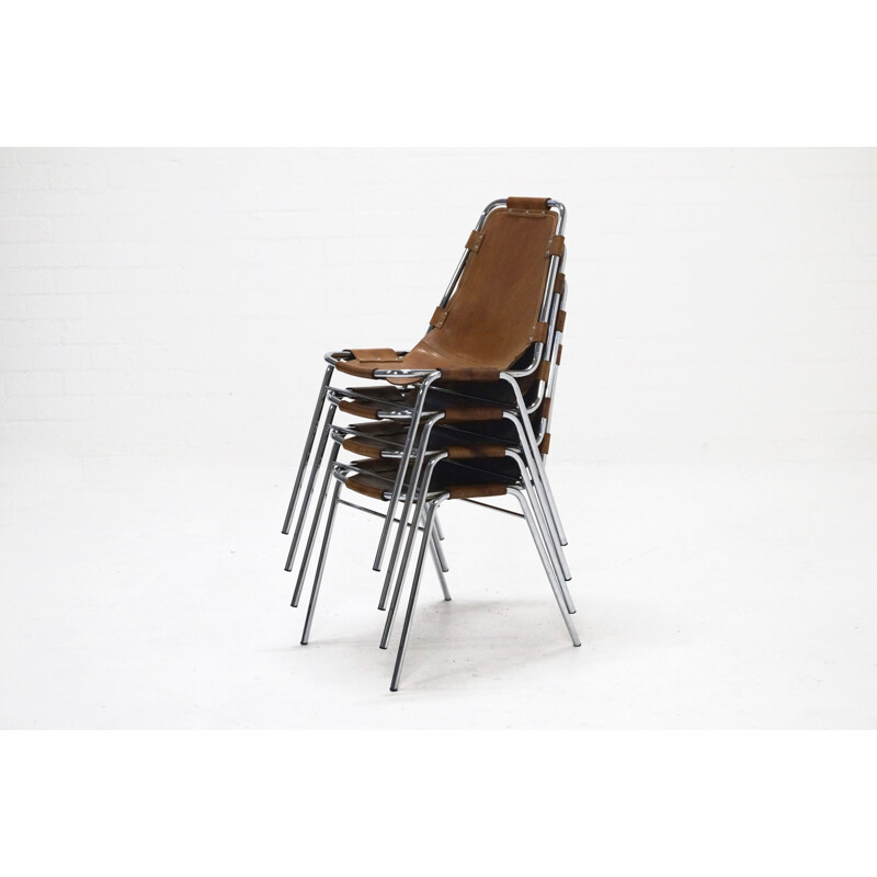 Suite de 4 chaises Les Arcs en cuir cognac - 1960