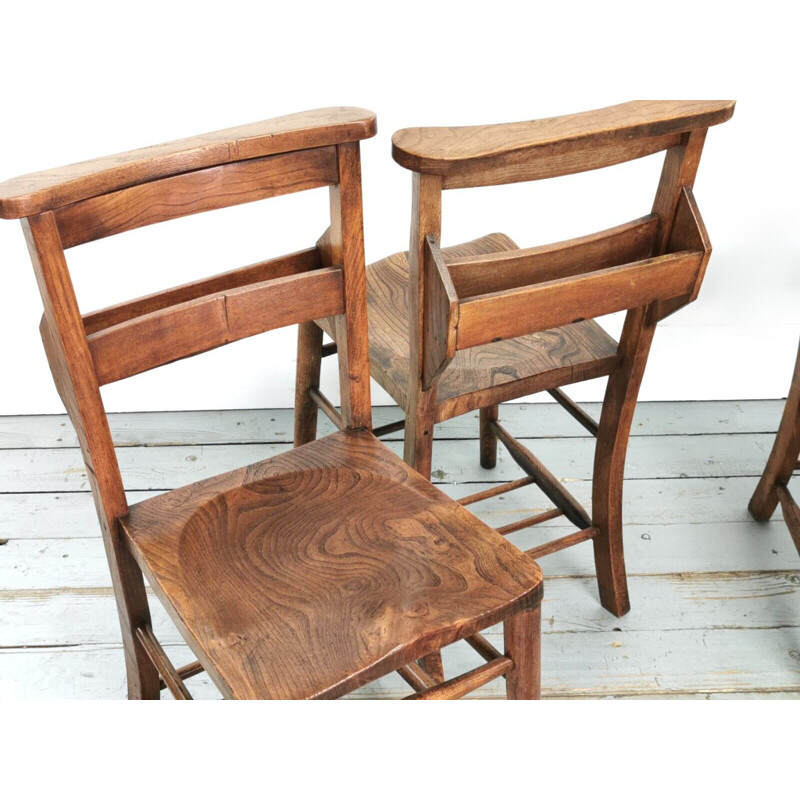 Ensemble de 6 chaises de chapelle vintage en orme