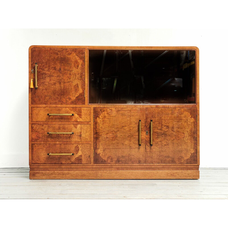 Art deco vintage slim burr walnut sideboard, 1930