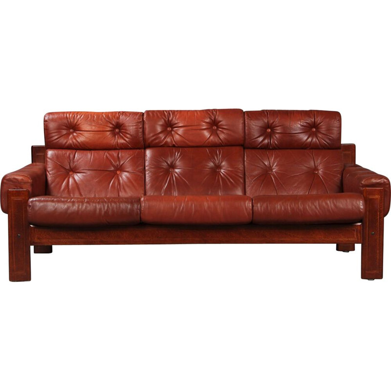 Scandinavian vintage three seater brown leather sofa with wooden frame