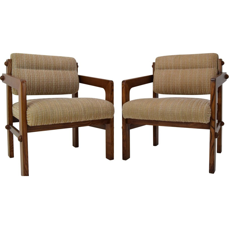 Pair of vintage armchairs wood and fabric, Czechoslovakia 1960s