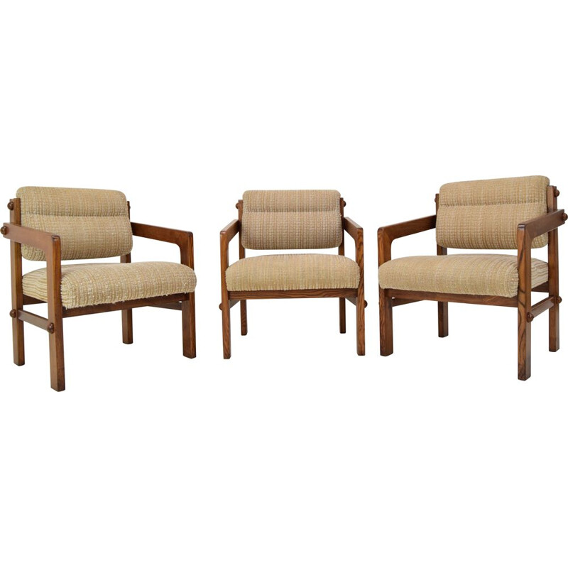 Set of 3 vintage armchairs in wood and fabric, Czechoslovakia 1960s