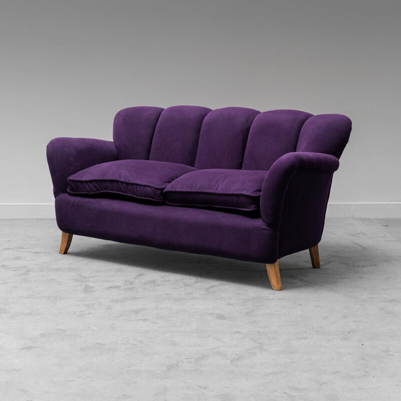 Vintage 2-seater sofa in purple velvet, 1950s