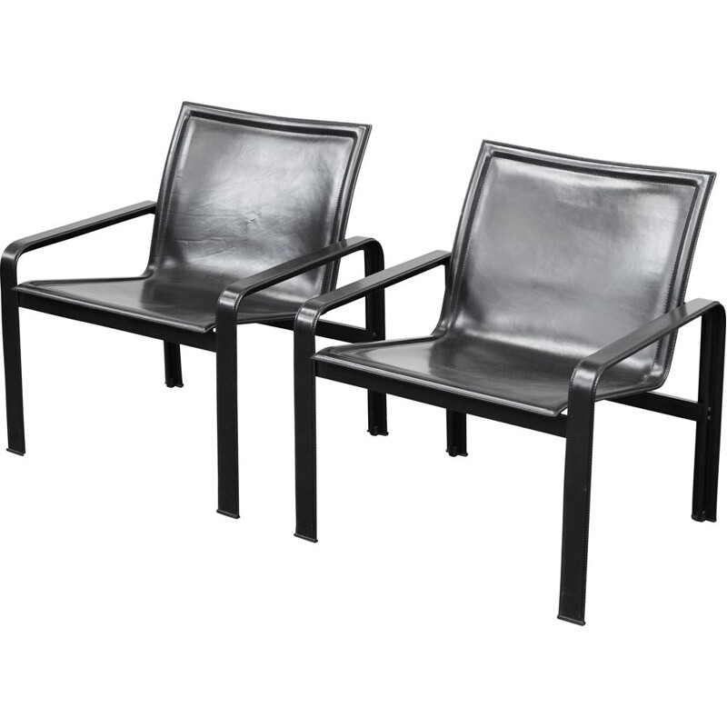 Pair of vintage armchairs in patinated black leather by Matteo Grassi, Italy 1970s