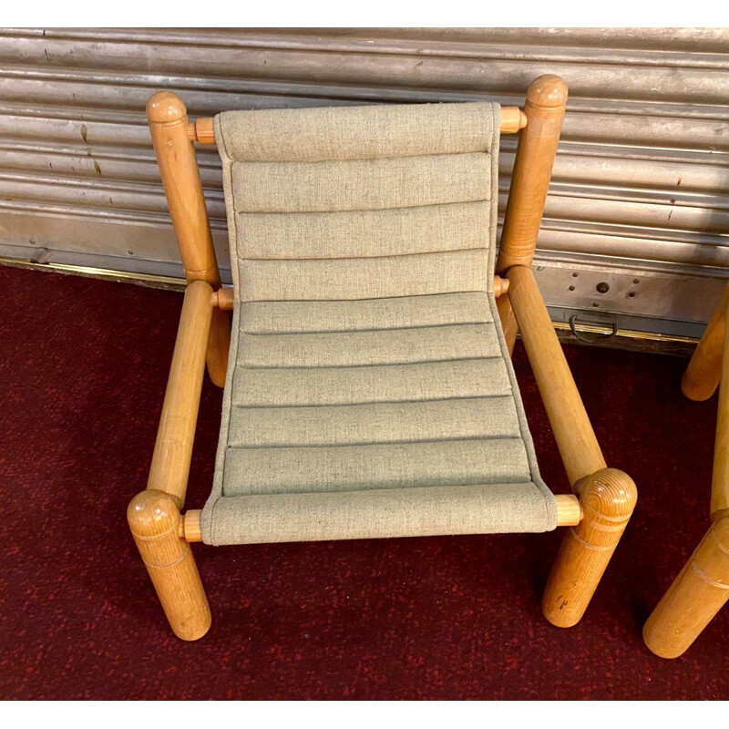 Pair of vintage armchairs in natural wood and fabric, 1970-1980