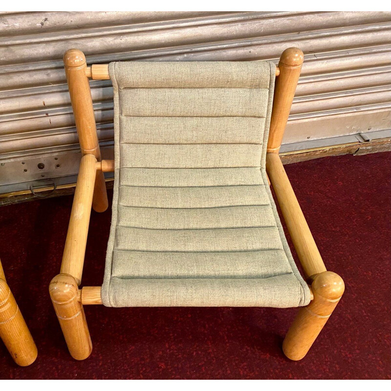 Pair of vintage armchairs in natural wood and fabric, 1970-1980