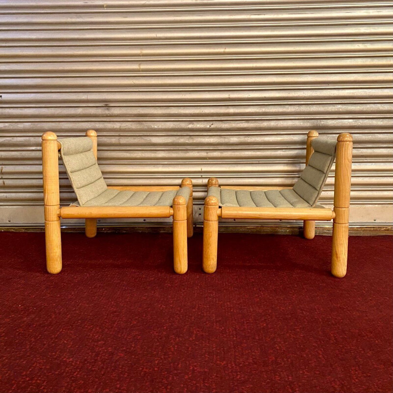Paar vintage fauteuils in naturel hout en stof, 1970-1980