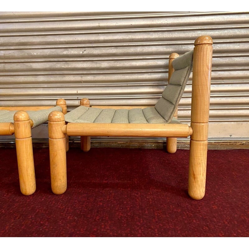 Paire de fauteuils vintage en bois naturel et tissu, 1970-1980