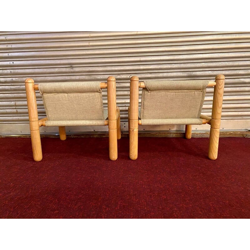 Paire de fauteuils vintage en bois naturel et tissu, 1970-1980