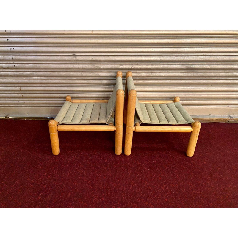 Pair of vintage armchairs in natural wood and fabric, 1970-1980