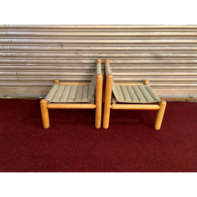 Paar vintage fauteuils in naturel hout en stof, 1970-1980