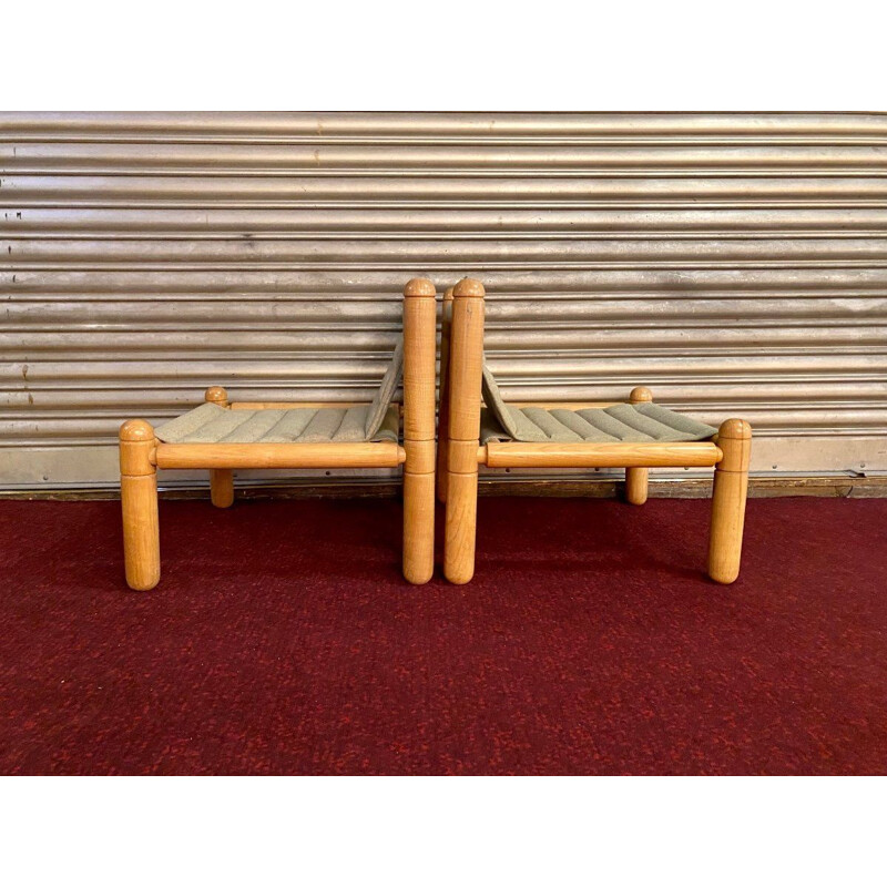 Pair of vintage armchairs in natural wood and fabric, 1970-1980