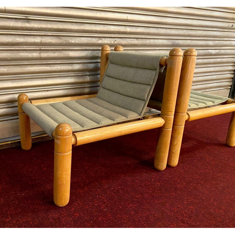 Pair of vintage armchairs in natural wood and fabric, 1970-1980