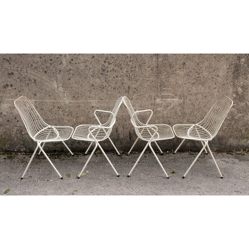 Ensemble de 2 chaises et 2 chaises à bras de jardin design filaire - 1960