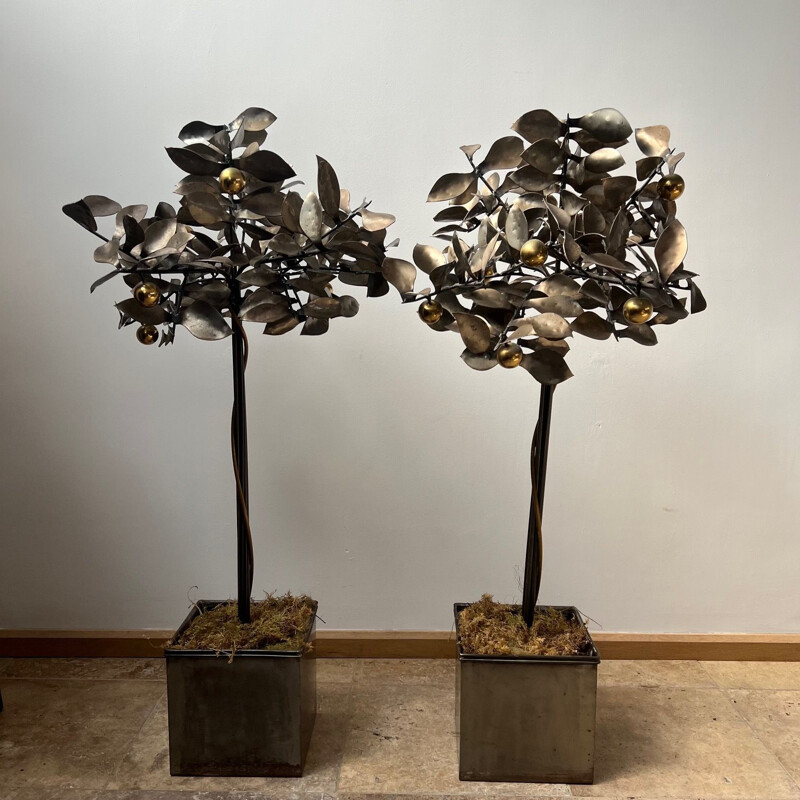Pair of vintage decorative steel trees by Blacksmith, England 1970