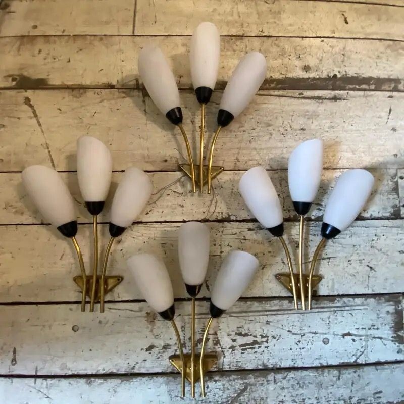Set of 4 mid century brass and glass Italian wall lamps, 1960s