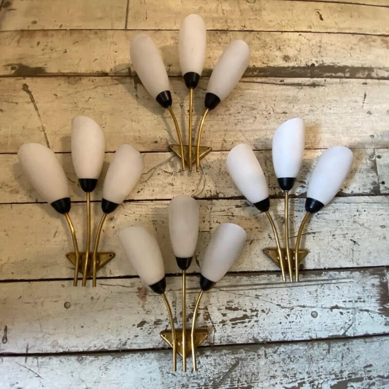 Set of 4 mid century brass and glass Italian wall lamps, 1960s