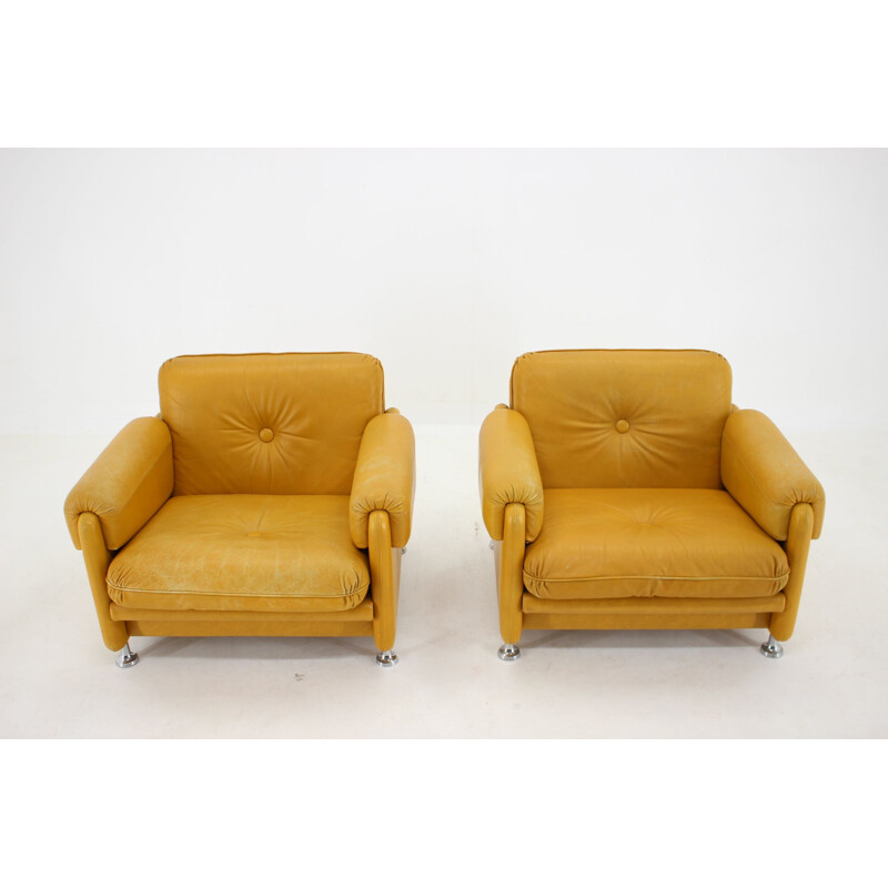 Pair of vintage Myrskyla Oy leather armchairs, Finland 1960s