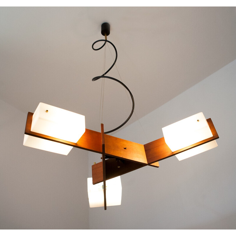 Italian Esperia chandelier in plexiglas and solid teak - 1950s