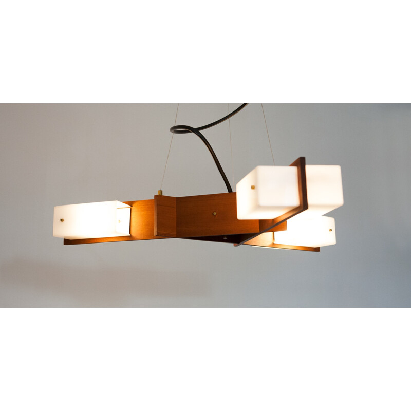 Italian Esperia chandelier in plexiglas and solid teak - 1950s