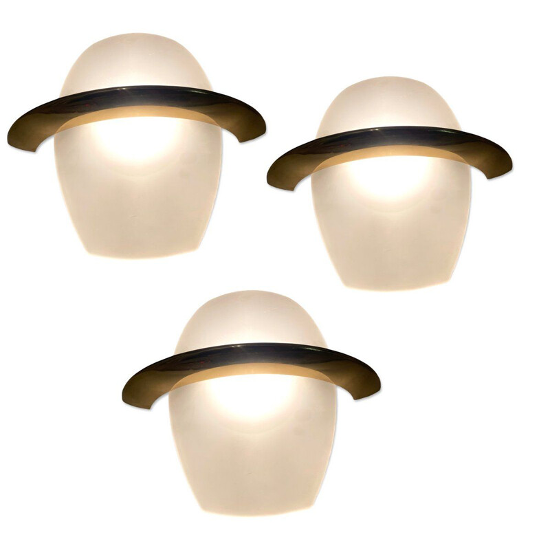 Set of 3 vintage sconces in satin glass and brass, Italy