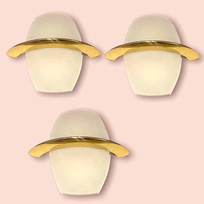 Set of 3 vintage sconces in satin glass and brass, Italy
