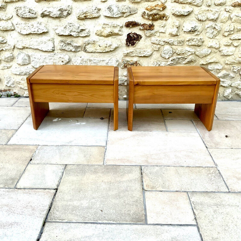 Pair of vintage elmwood night stands attributed to Pierre Chapo, 1970-1980