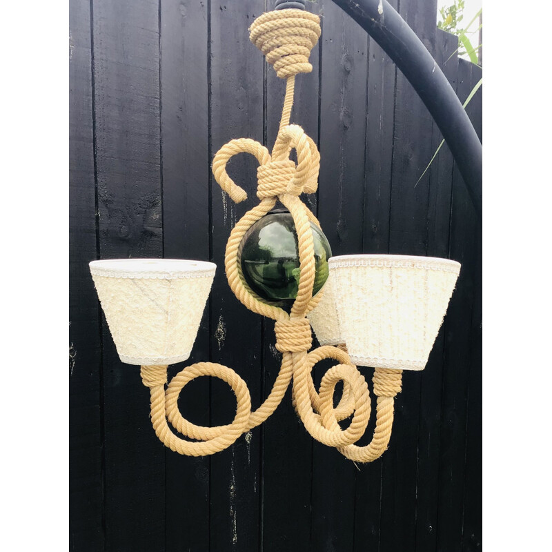 Vintage chandelier with 3 branches in rope by Audoux- Minet