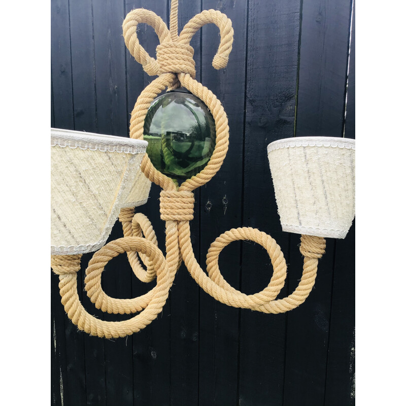 Vintage chandelier with 3 branches in rope by Audoux- Minet