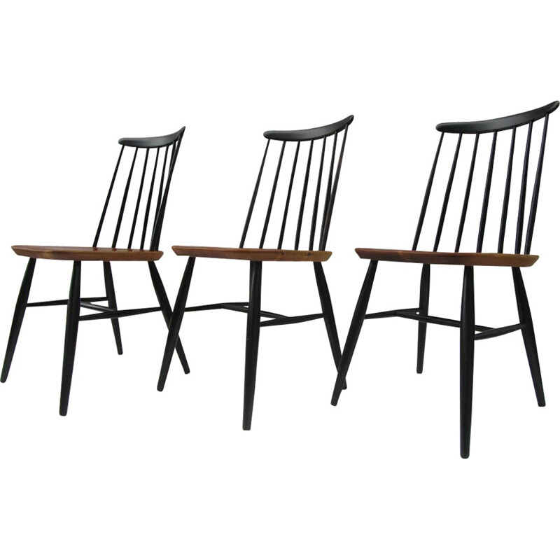 Set of 3 dining chairs with spindle back in wood - 1950s