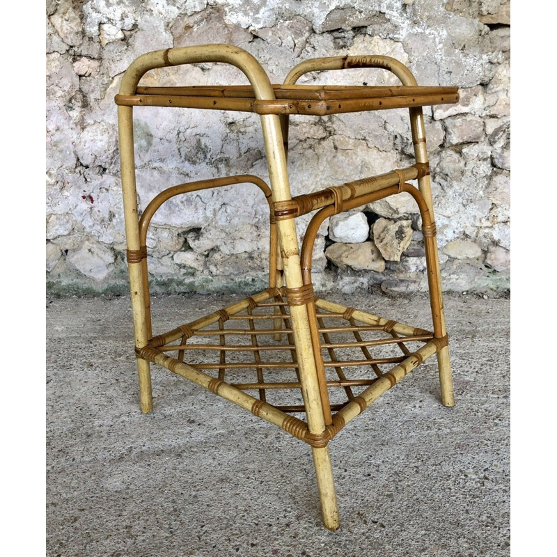 Vintage rattan and bamboo side table with magazine rack, 1960