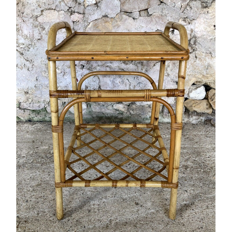 Vintage rattan and bamboo side table with magazine rack, 1960