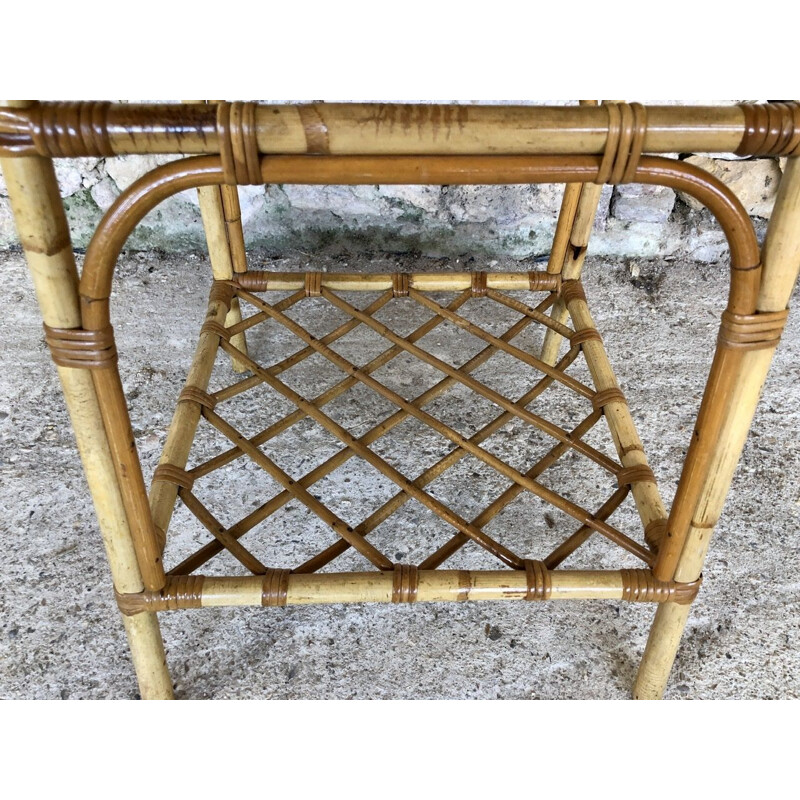 Vintage rattan and bamboo side table with magazine rack, 1960