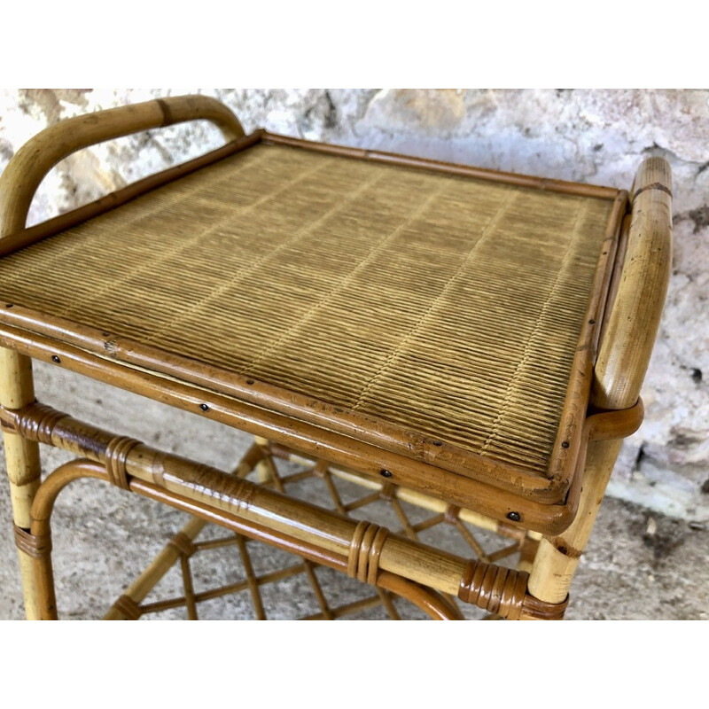 Vintage rattan and bamboo side table with magazine rack, 1960