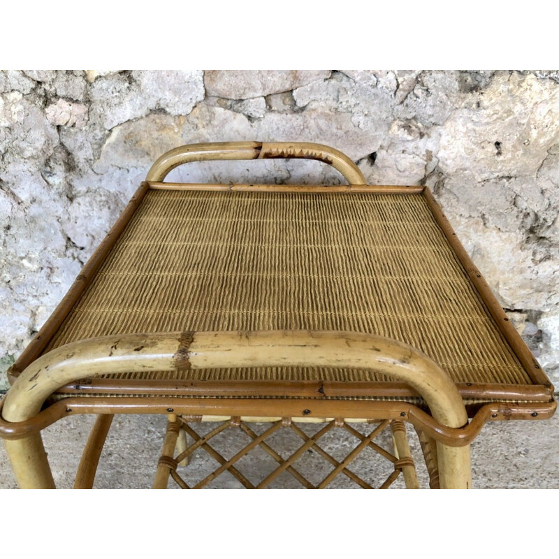 Vintage rattan and bamboo side table with magazine rack, 1960