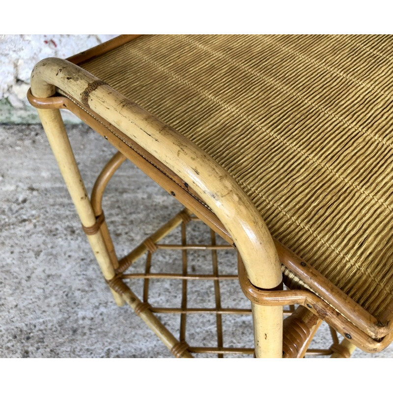 Vintage rattan and bamboo side table with magazine rack, 1960