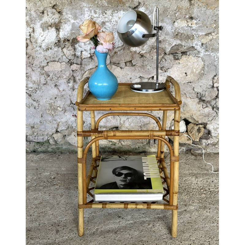 Vintage rattan and bamboo side table with magazine rack, 1960