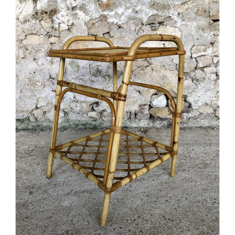 Vintage rattan and bamboo side table with magazine rack, 1960