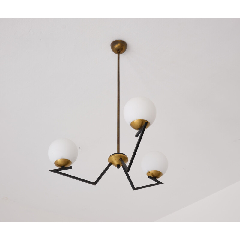 Italian vintage chandelier in brass, iron and opaline glass, 1950s