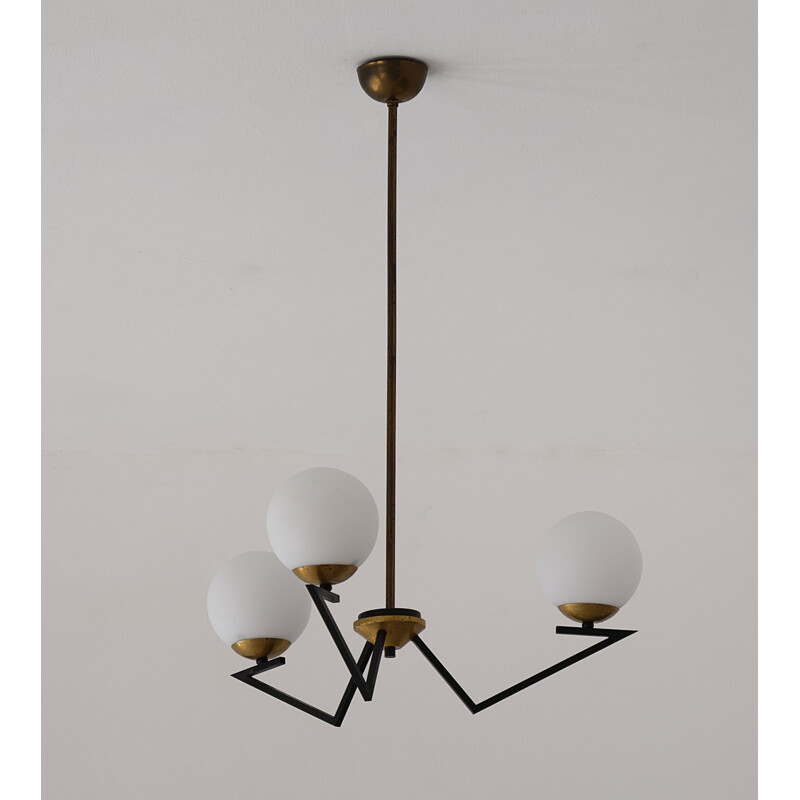 Italian vintage chandelier in brass, iron and opaline glass, 1950s