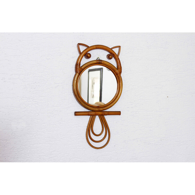 Vintage mirror "cat" in rattan, 1970