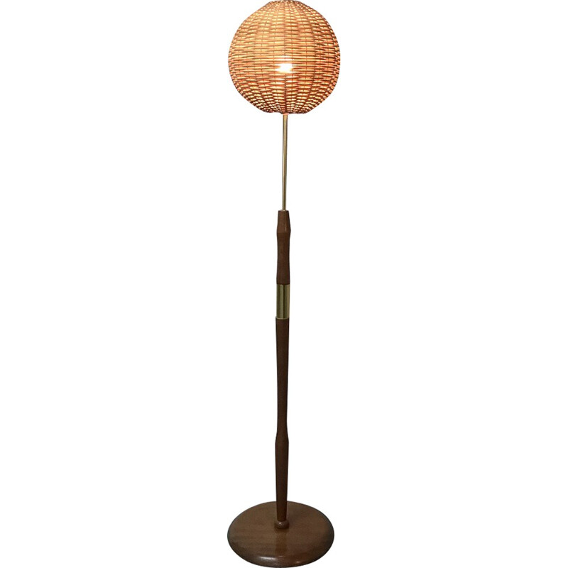 Rattan brass and teak floor lamp - 1970s