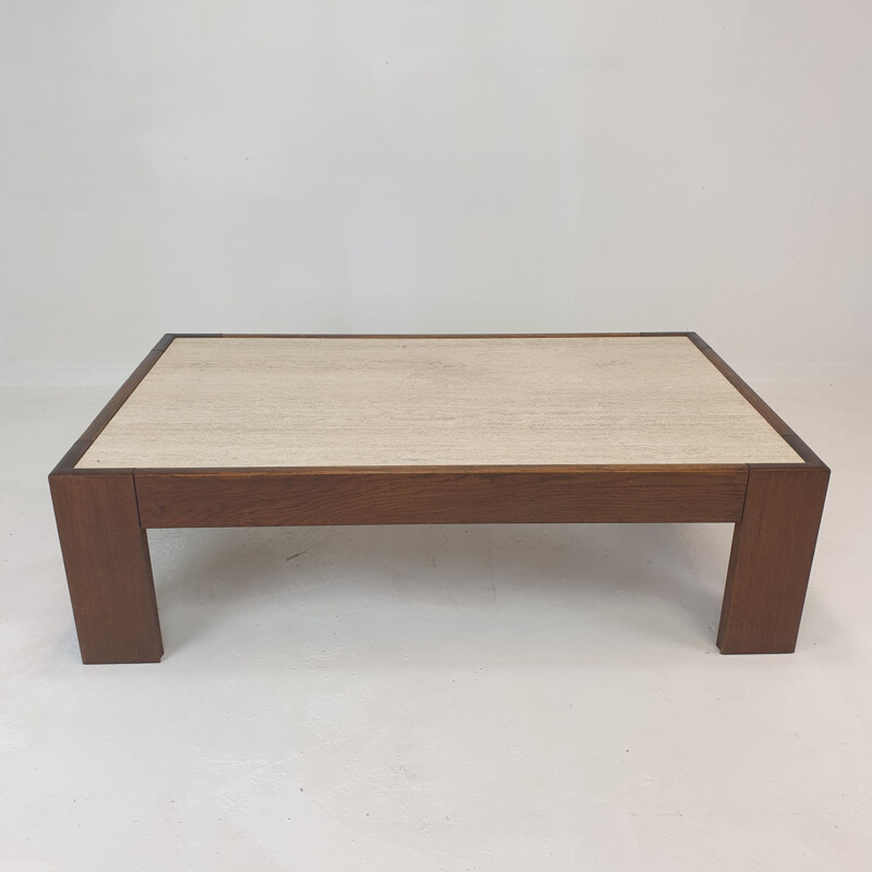 Vintage travertine coffee table with oak base, Belgium 1970