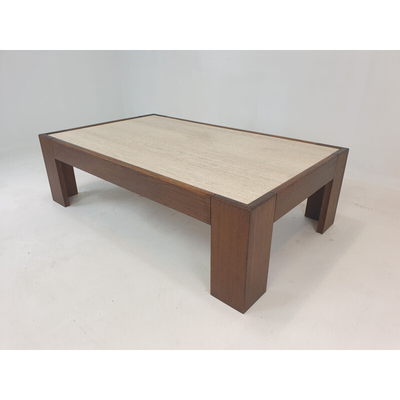 Vintage travertine coffee table with oak base, Belgium 1970