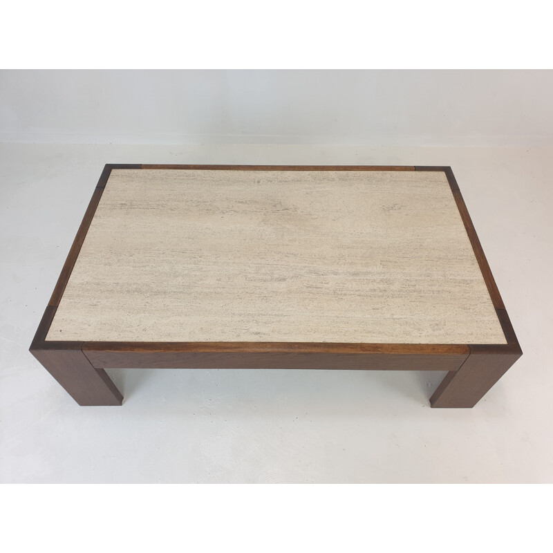 Vintage travertine coffee table with oak base, Belgium 1970