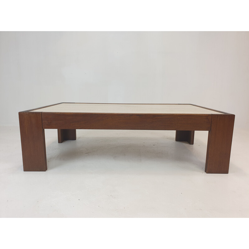 Vintage travertine coffee table with oak base, Belgium 1970