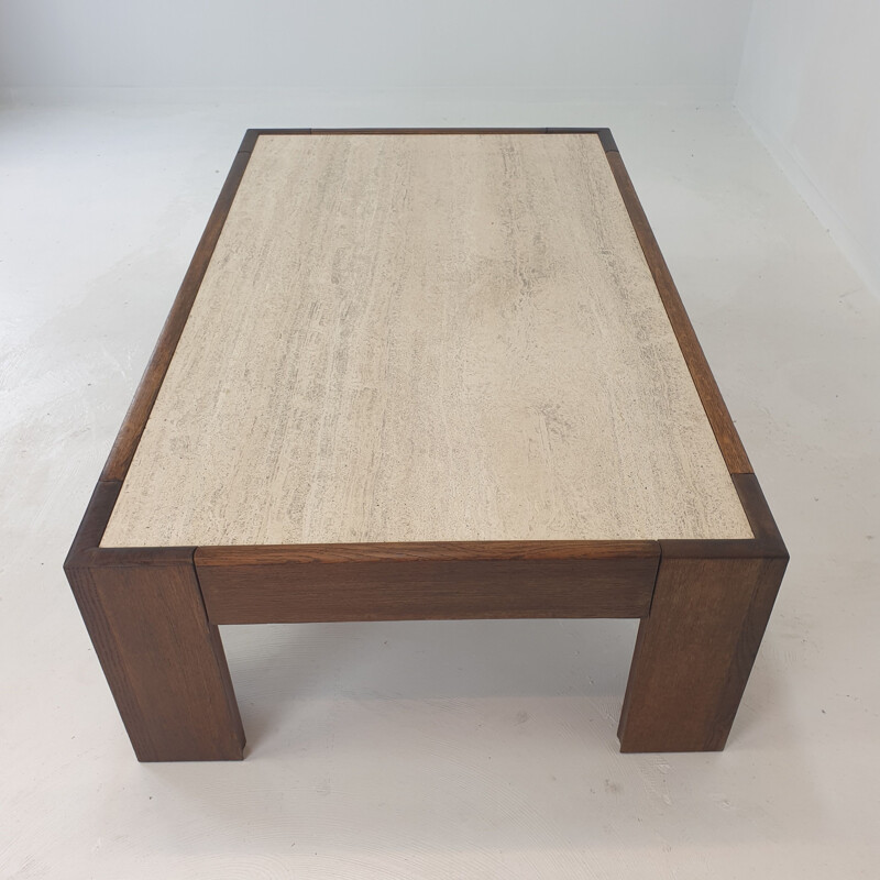 Vintage travertine coffee table with oak base, Belgium 1970