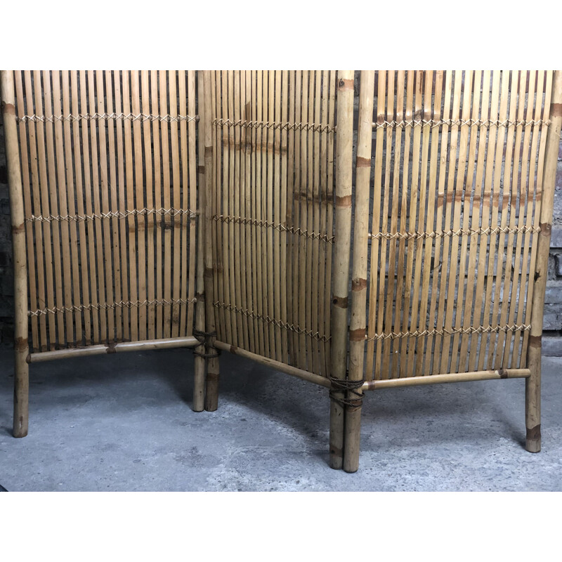 Biombo vintage de ratán y bambú, 1960