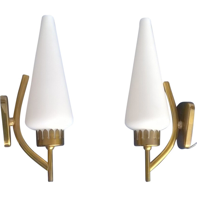 Set of 2 sconces in brass and glass - 1950s